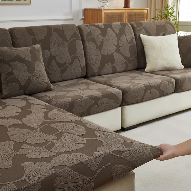 Housse de Sofa Jacquard Feuille de Ginkgo – Protection Élastique et Ajustable