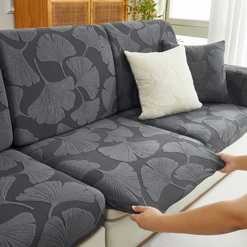 Housse de Sofa Jacquard Feuille de Ginkgo – Protection Élastique et Ajustable