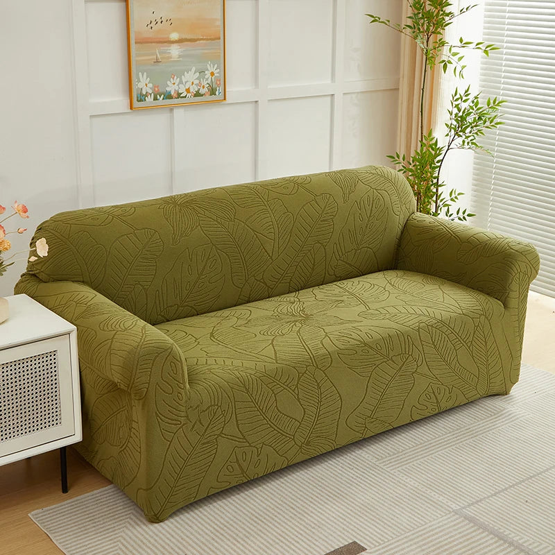 Housse de Canapé Motif Feuilles Jacquard Extensible